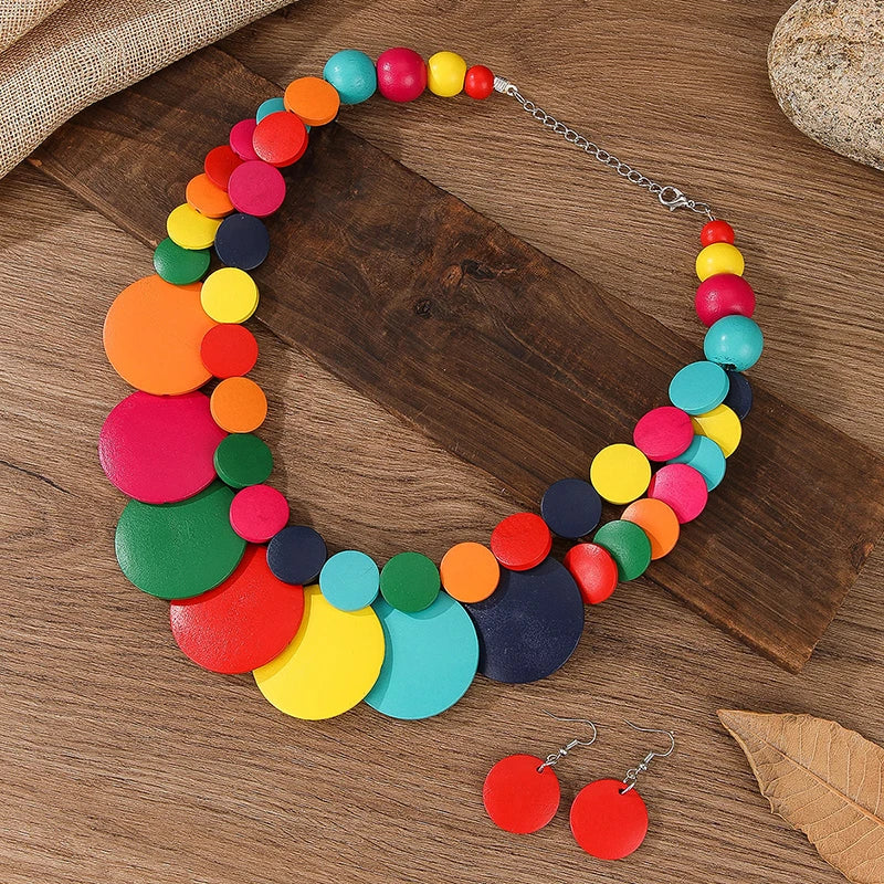 Boho Doublelayer Big Colorful Wood Necklace Earrings Sets Wedding Indian Africal Beads Jewelry