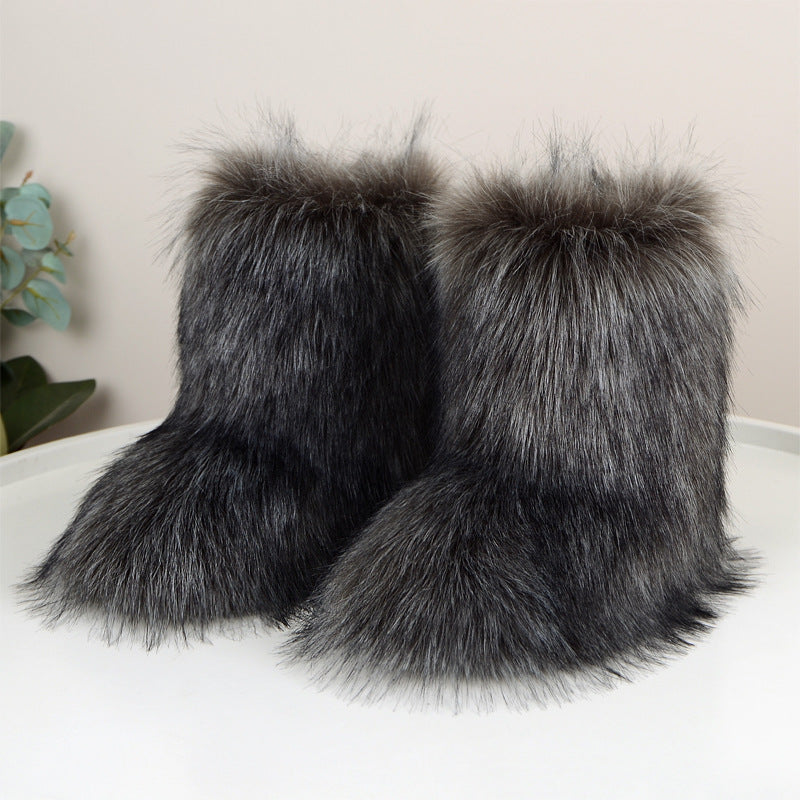 Fuzzy Fluffy Fur Boots Plush lining Slip-on Rubber Flat Footwear