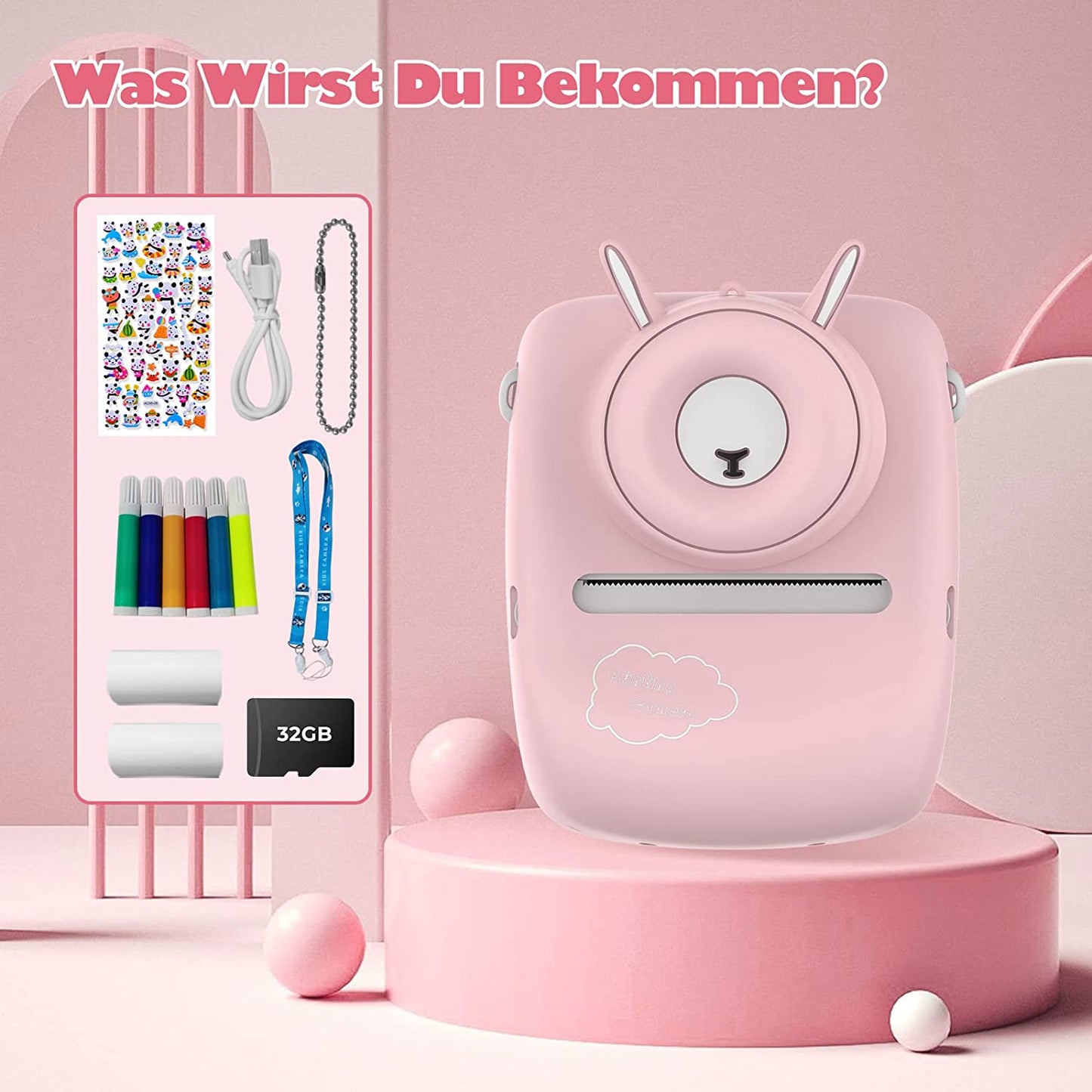 Childrens Digital Camera with Printing Sheet, with 32G TF Card, with Color Pens and Photo Holder (Pink)
