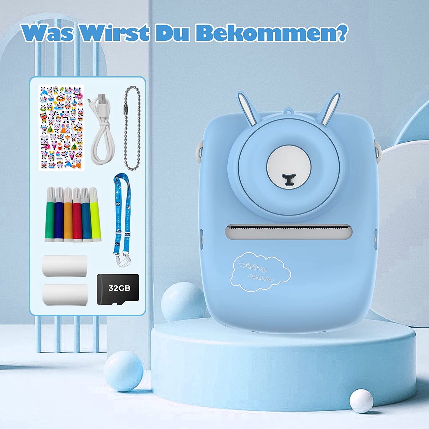 Childrens Camera, 30MP Instant WiFi 1080P Digital 2.4 inch with 32GB TF Card, (Powder Blue)