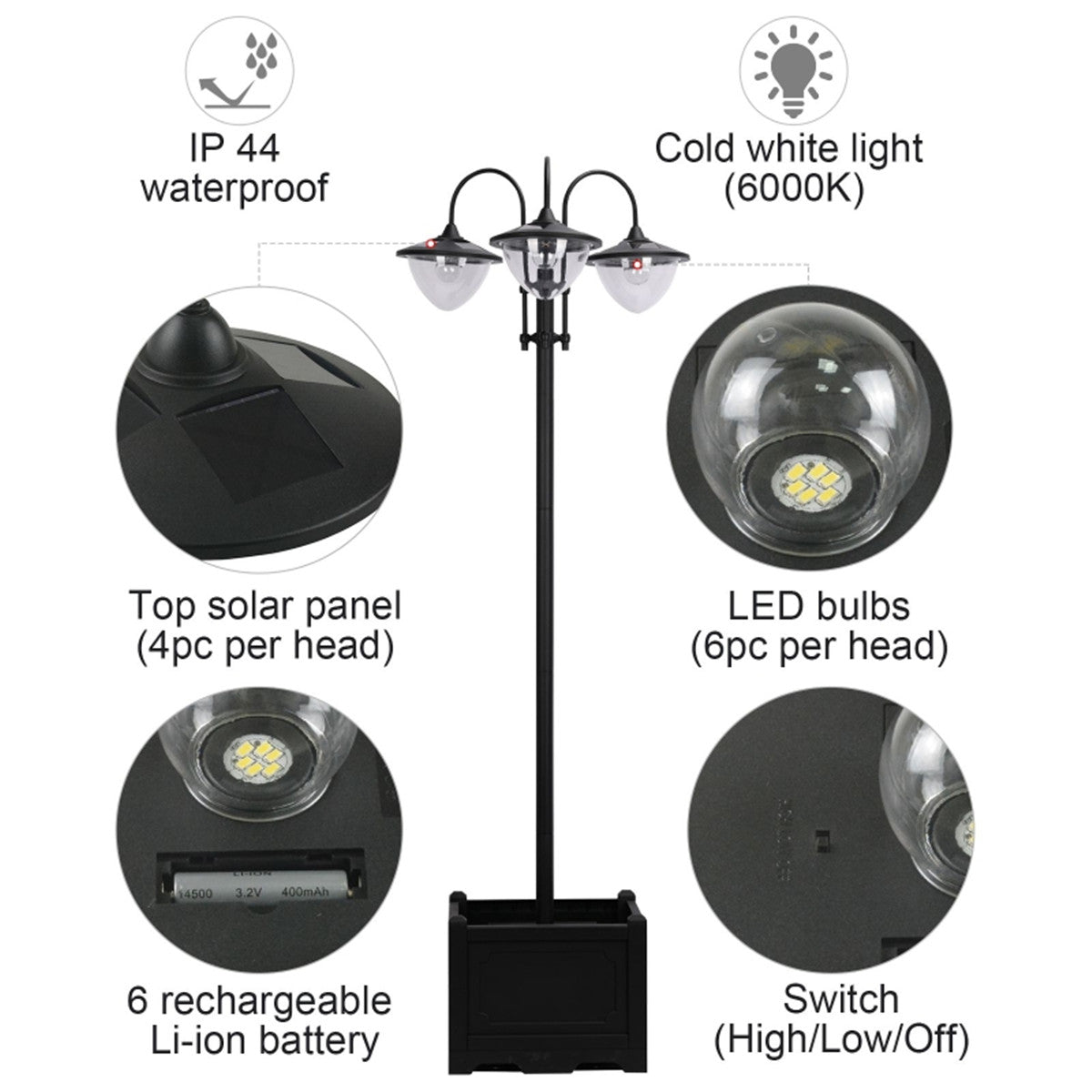 Solar Powered 3-head Solar Lamp with Planter Base / Street Light / Outdoor Ready LED Lighting