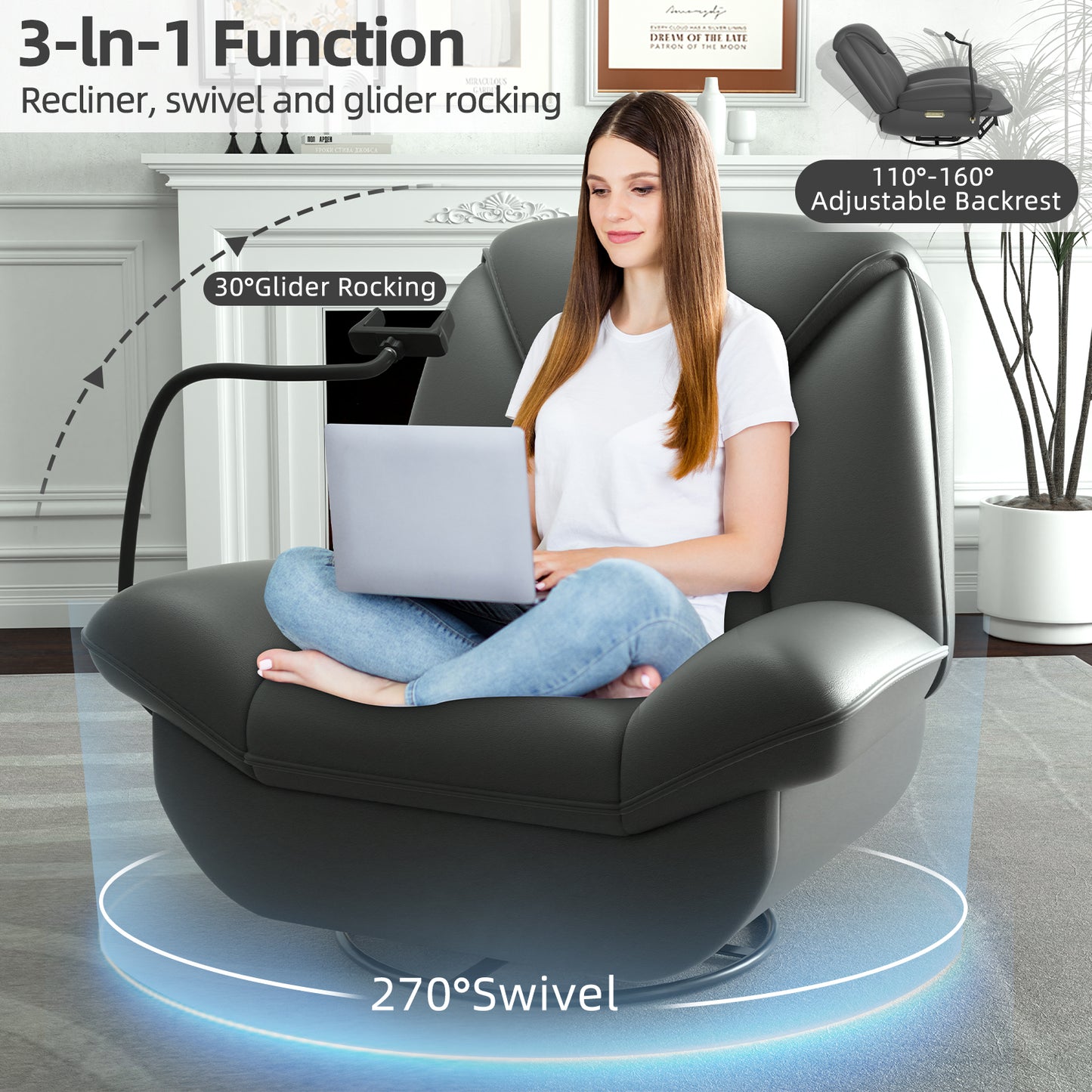 Oversized Power Recliner Chair,270°Swivel Glider Recliner for Nursery, Electric Recliner Sofa with Voice Control, Smart Rocker Chair with Phone Holder, Living Room (Dark Gray)