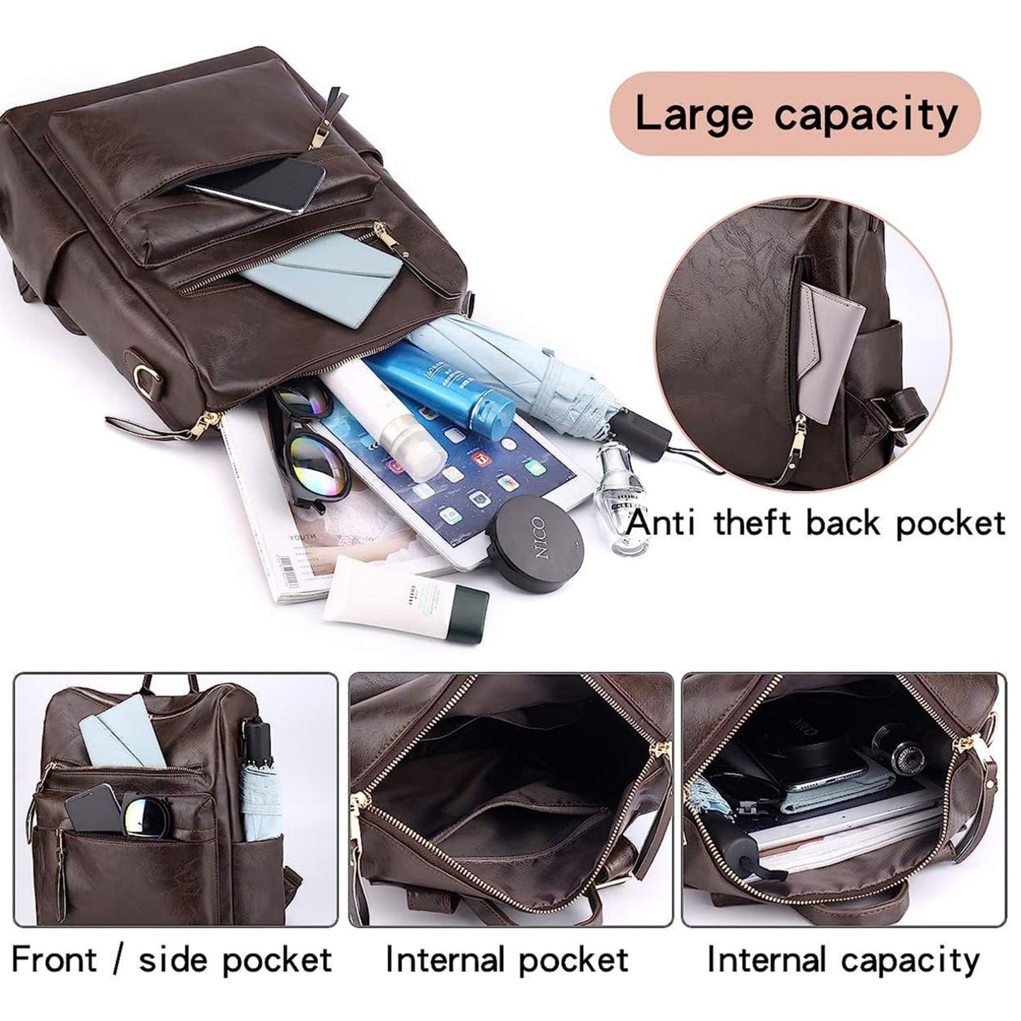 Backpack Purse Fashion School Bag Multipurpose Designer Handbag Satchel faux PU Leather Shoulder Bag