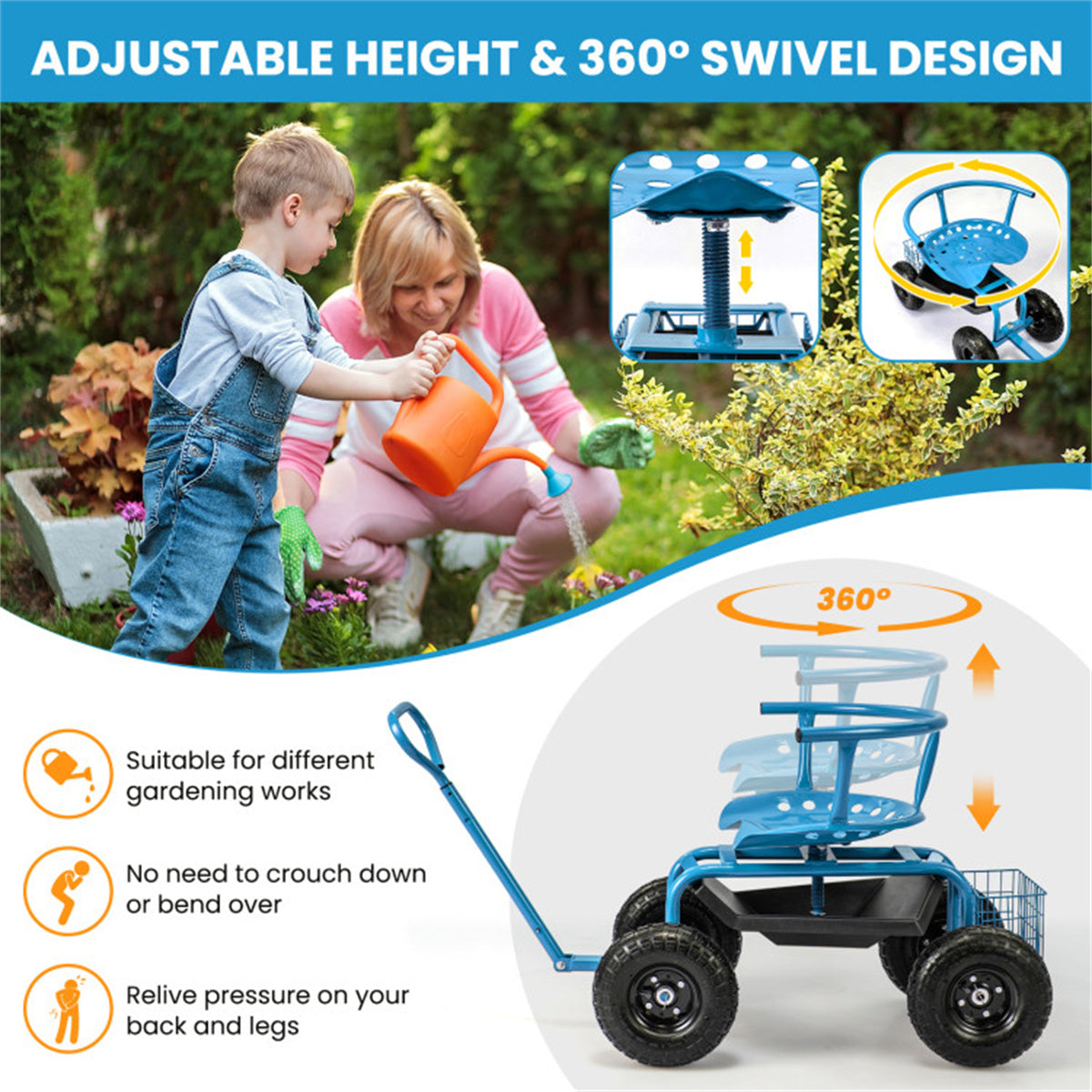 Garden Cart Height Adjustable Scooter with Swivel Seat & Tool Storage- Blue