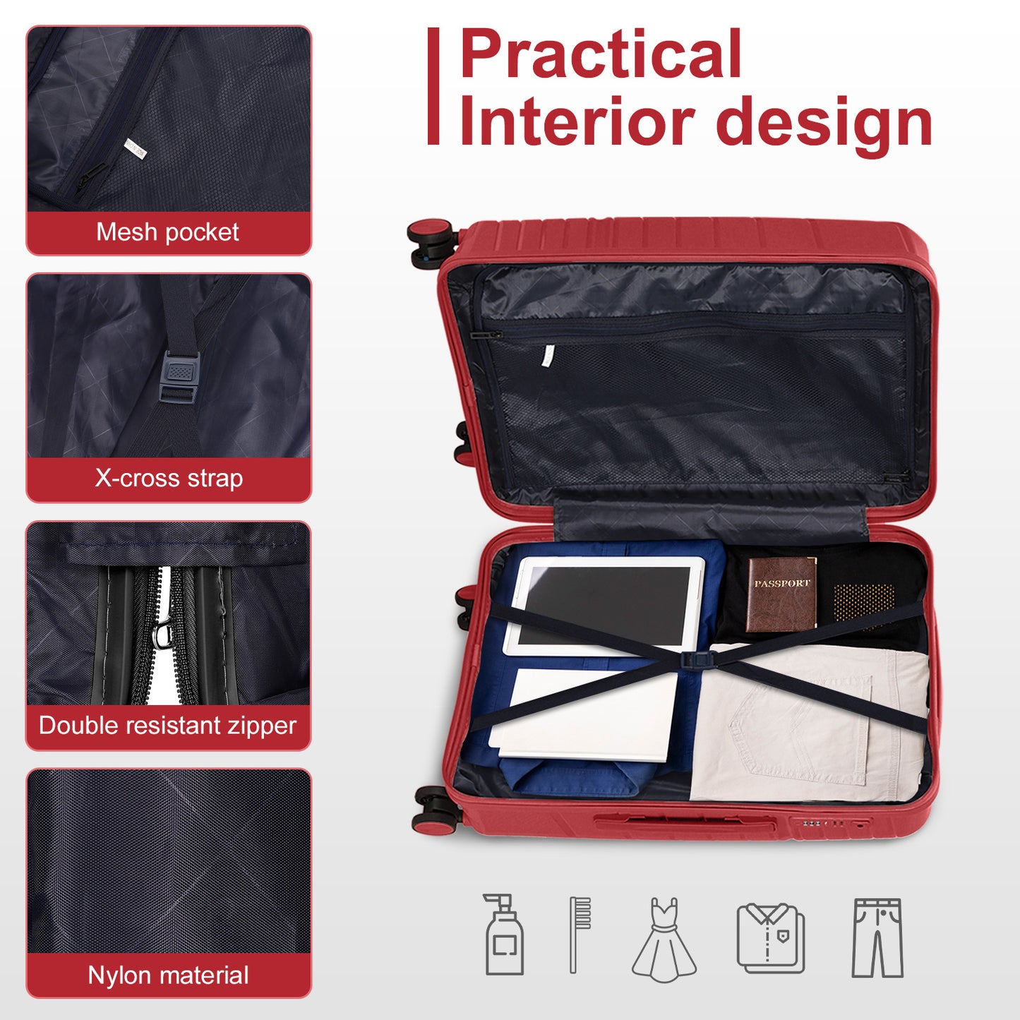 4-Piece Luggage Set with 2 Handbags & 8-Piece Toiletry Kit – Durable PP Suitcase (18in/20in/24in/28in) + 30L Travel Tote + 3L Crossbody Wash Bag – Iron Telescopic Handle – Red