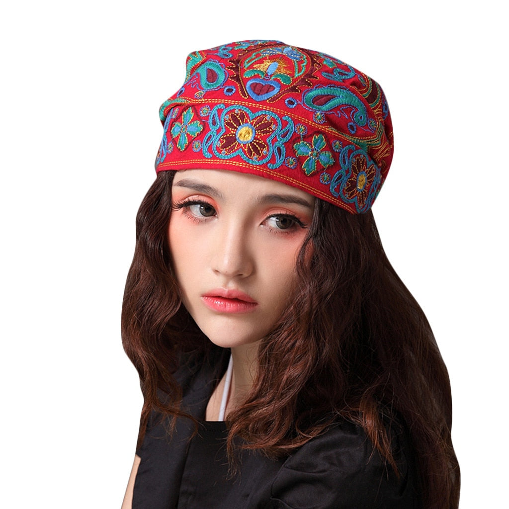 Vintage Embroidery Flowers Bandanas Red Print Hat