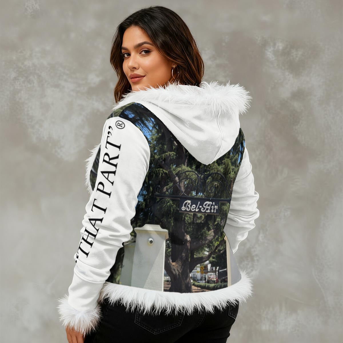 NEW!!! "THAT PART" branded (left sleeve/BEL-AIR Sign front/rear) Women's Faux Fur Trim Hooded Jacket | Velvet
