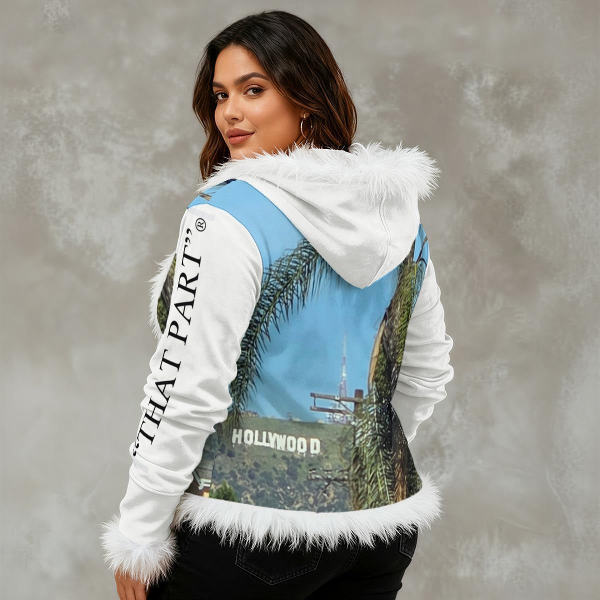 NEW!!!! "THAT PART" branded (left sleeve/ HOLLYWOOD HILLS Sign front/ rear) Women's Faux Fur Trim