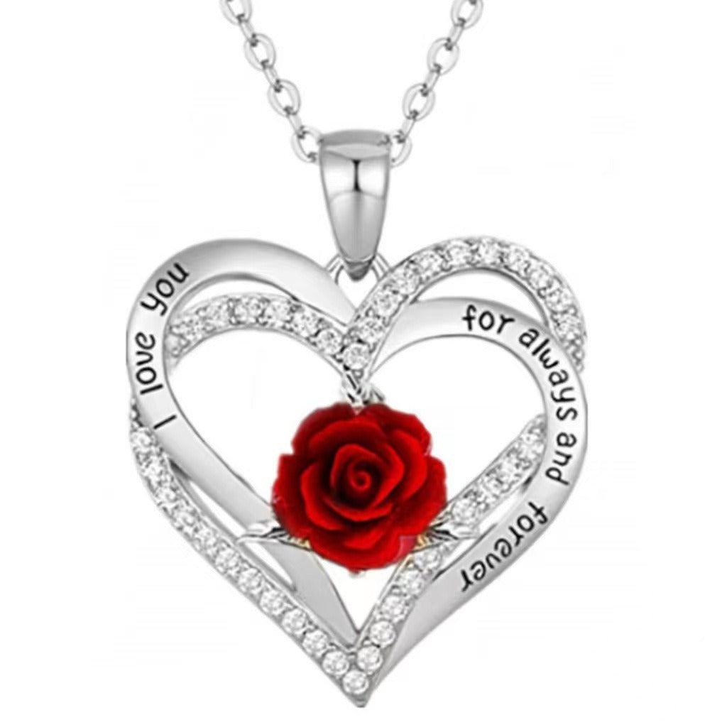 Double-layer heart-shaped pendant with roses, European and American fashionable love necklace