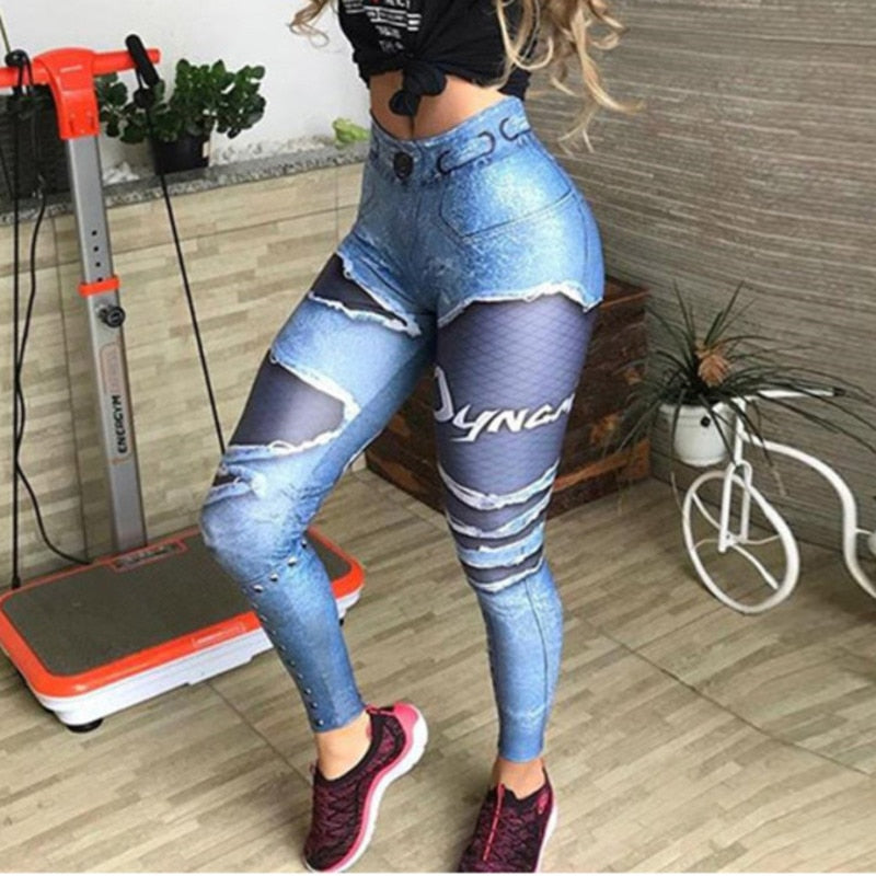 High Waist 3D Denim Print Blue Mesh Leggings