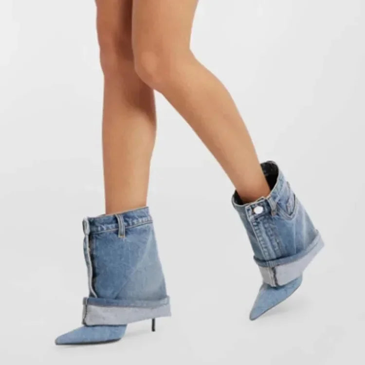 Denim Fine High Heel Boots Fashion Pointed Short Boots