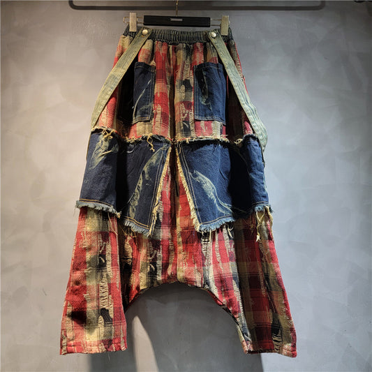 Retro Vintage Patchwork Plaid Denim High Waisted Shoulder Strap Baggy Pants