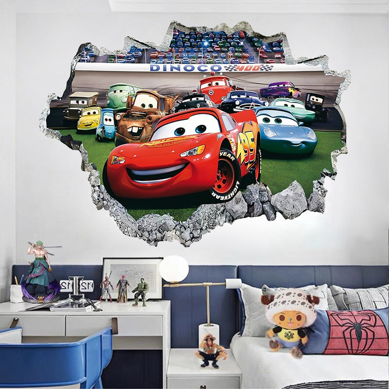 3D Car Story Room Wall Sticker Self adhesive Poster Cartoon 3D Broken Wall Wall Decoration Sticker