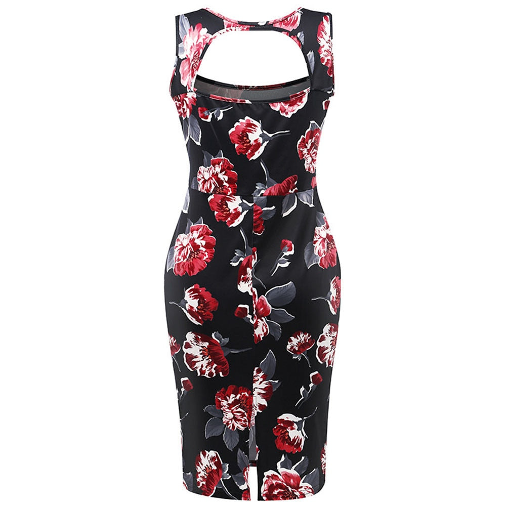 Vintage Floral Print Cocktail Bodycon Pencil Dress