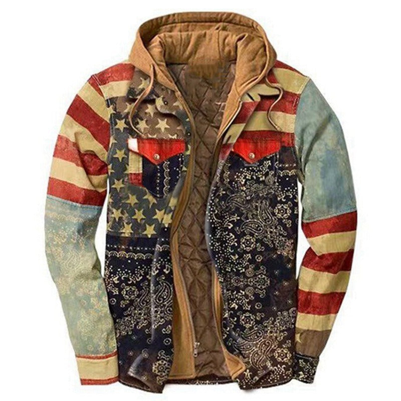 U.S.A. Flag patchwork Men's plaid jacket long sleeved 3D fabric printed coat cotton jacket