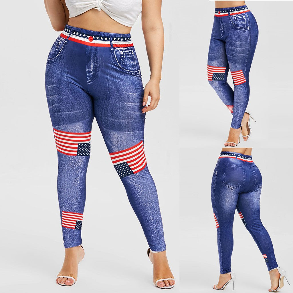 High Waist 3D Denim Jean U.S.A. Flag Print Yoga Leggings