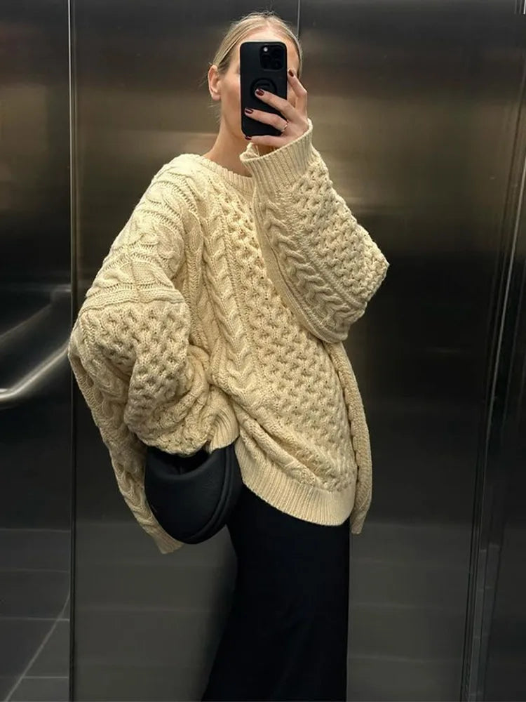 Texture Loose Knitted Sweater Round Neck Casual Twists Pullover Sweaters Vintage Thickened Knitwear Autumn Winter Top