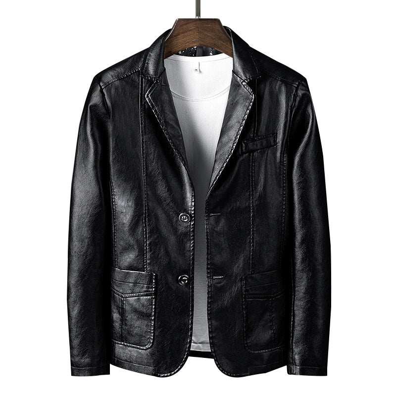 Fashion business casual suit collar men's faux leather jacket motorcycle slim fit leather jacket men's clothing