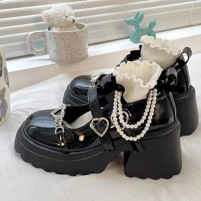 Patent Leather Platform Metal Decoration Chunky Heels Pumps
