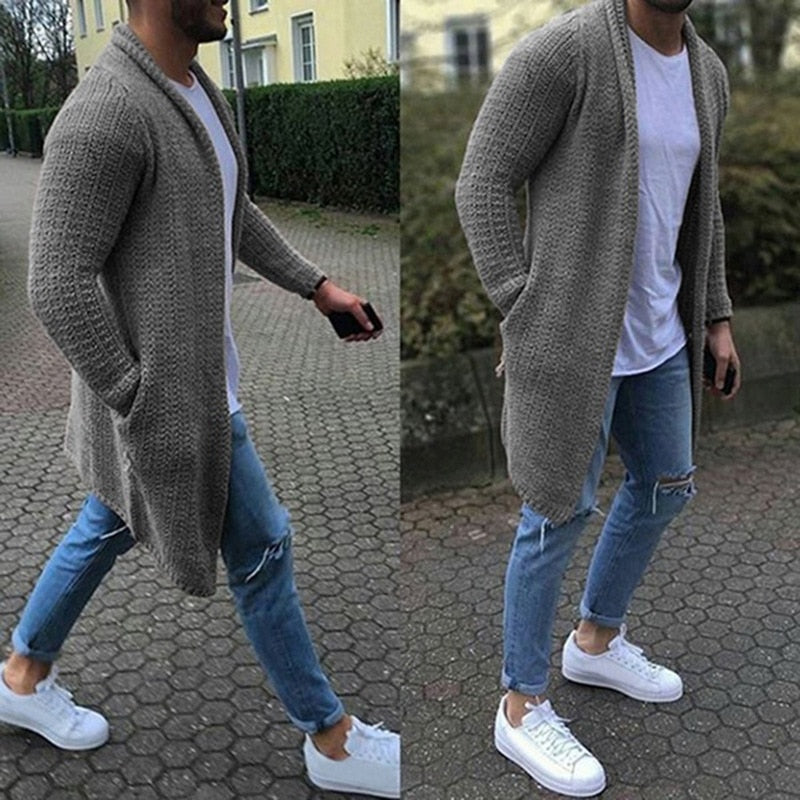 Mens Wool Cardigan Autumn Winter Warm Thick Solid Spacious Pocket Fashion Long Sweaters Knitted Cotton Casual Male Jackets
