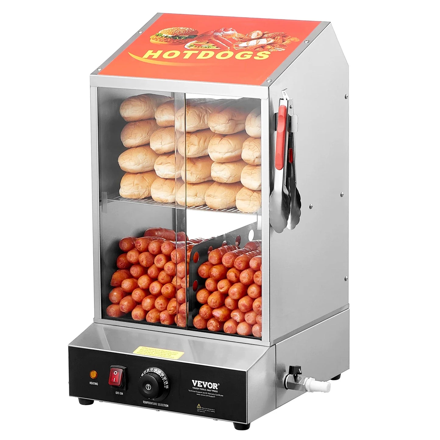 36L 2-Tier Hot Dog Steamer Hot Dog Hut Steamer 86℉~185℉ Temperature Control, Electric Bun Warmer for Hot Dogs & Buns