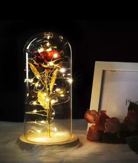Rose In Flask Led Rose Flower Light Black Base Glass Dome