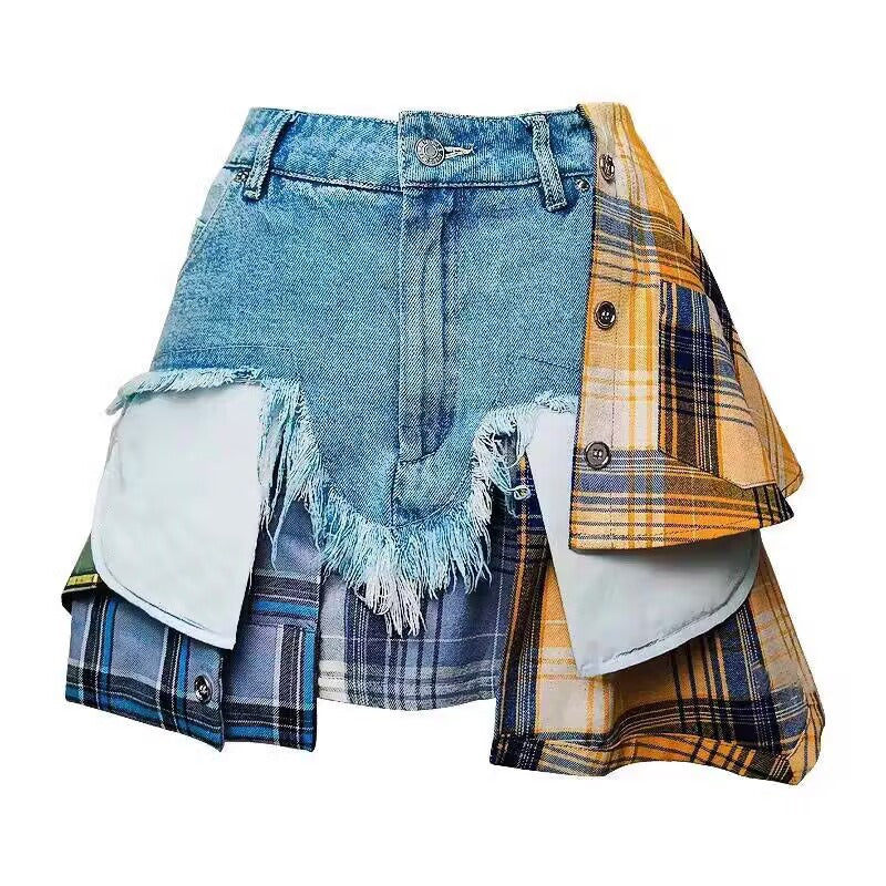Denim high waisted short patchwork skirt