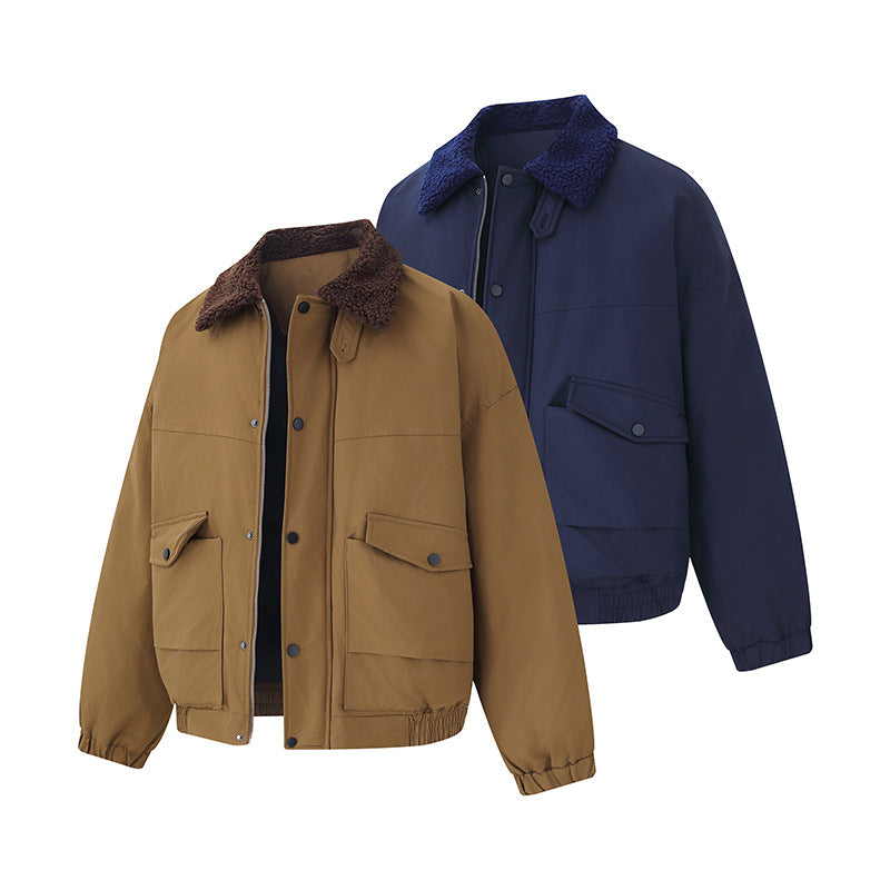 Retro Color-block Patchwork Lapel Buttoned Large Pocket Cotton Coat Jacket
