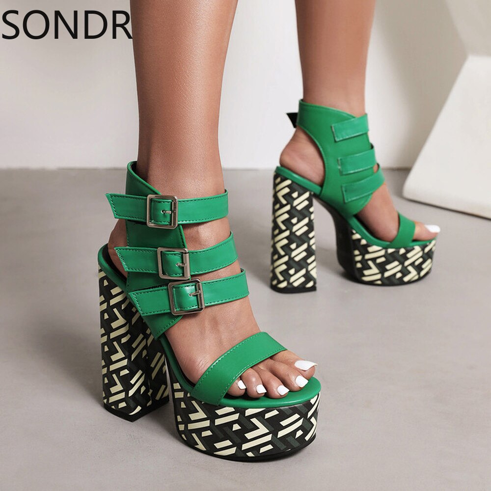 Platform Peep Toe Belt Buckle Sandals Cut Out Super 15CM High Heel Shoes