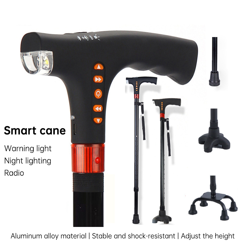 Smart Walking Stick Multi-functional LED Light, Alarm, Radio, Adjustable Smart Cane with Handle