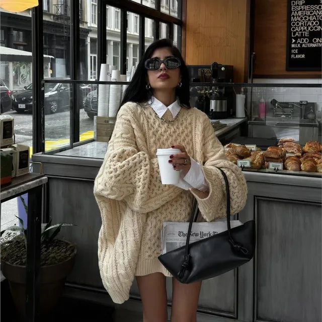 Texture Loose Knitted Sweater Round Neck Casual Twists Pullover Sweaters Vintage Thickened Knitwear Autumn Winter Top