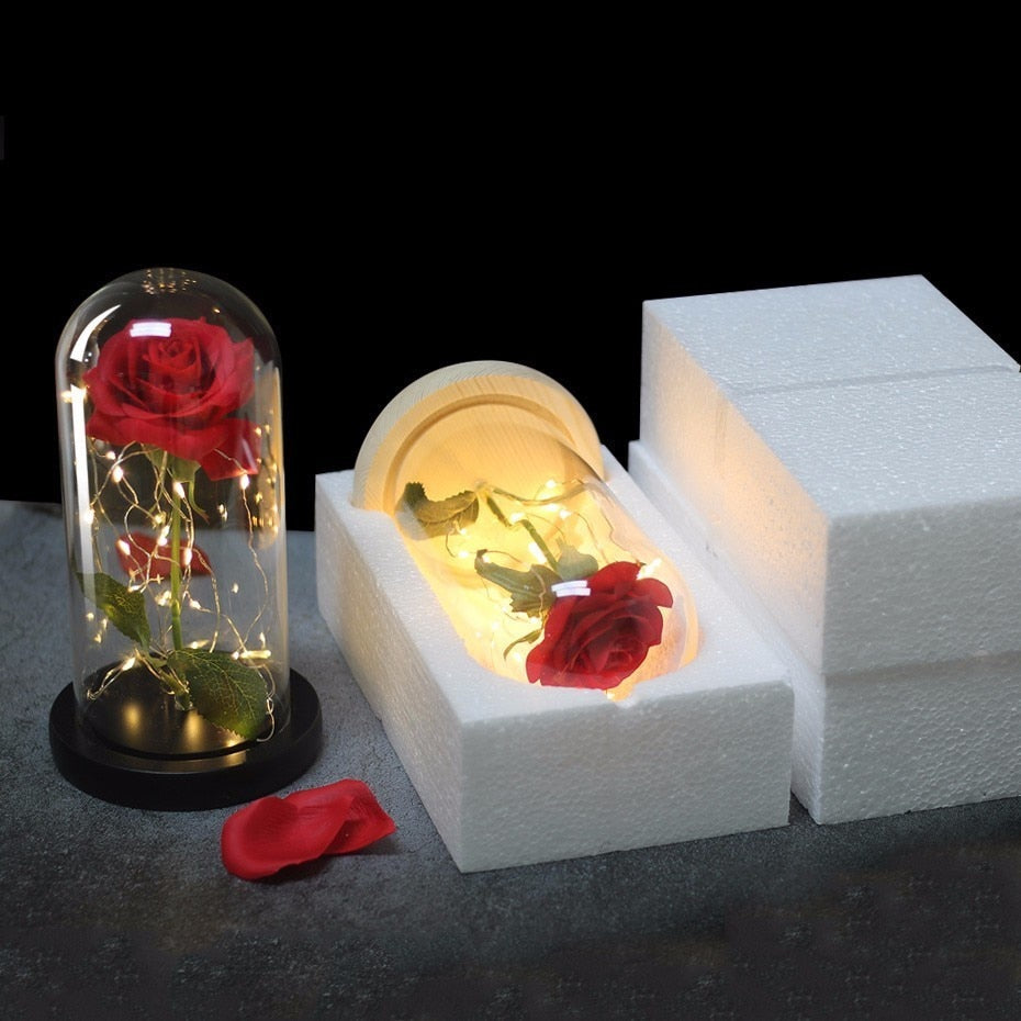 Rose In Flask Led Rose Flower Light Black Base Glass Dome