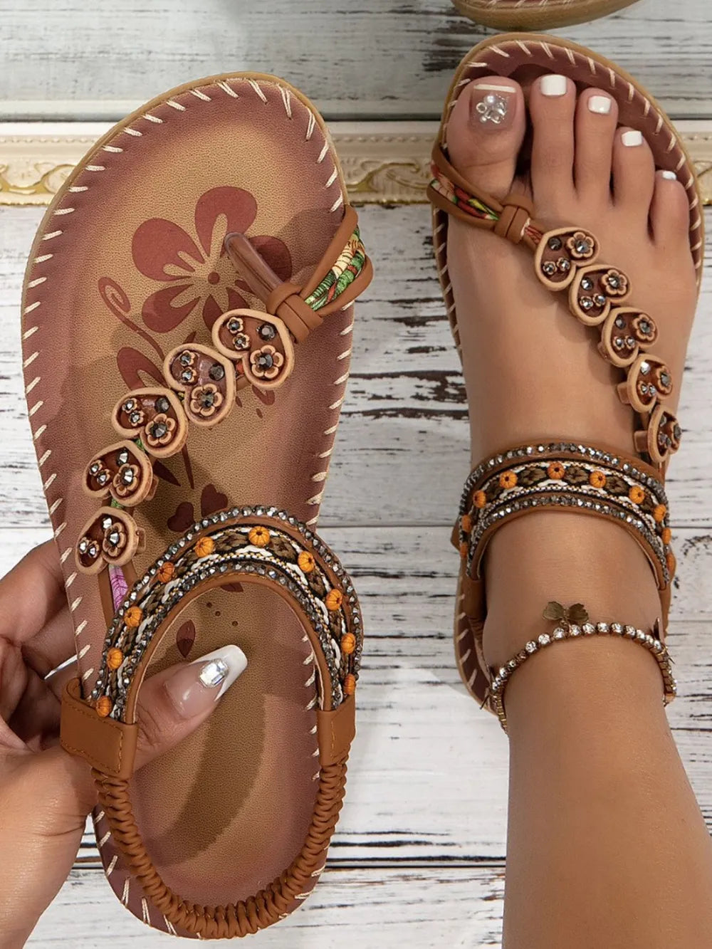 Asian style women's shoes summer fashion beach flat sandals beaded diamond clip on shoes