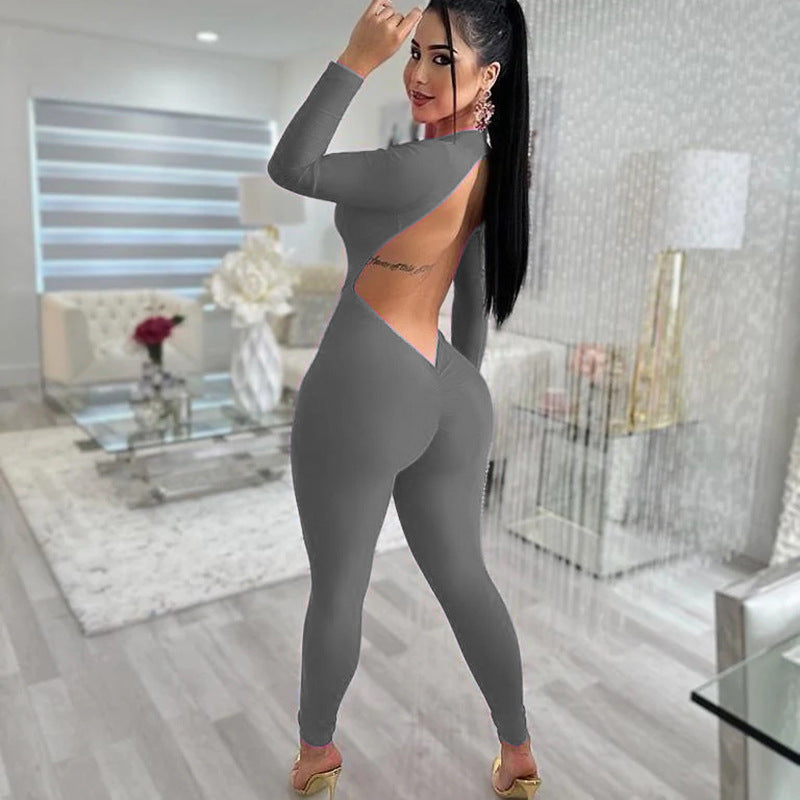 Deep V-Neck Long Sleeved Leggings Backless Tight Jumpsuit