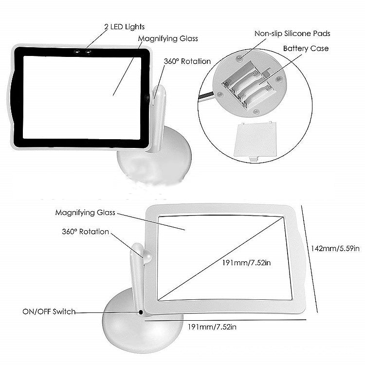 Screen Shaped Magnifier 360 Degree Rotating Bracket Desktop Magnifying Glass with LED Lights