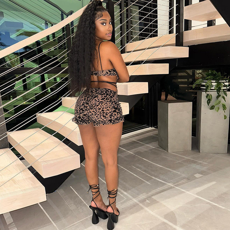 Leopard print mesh printed hollow lace up jumpsuit