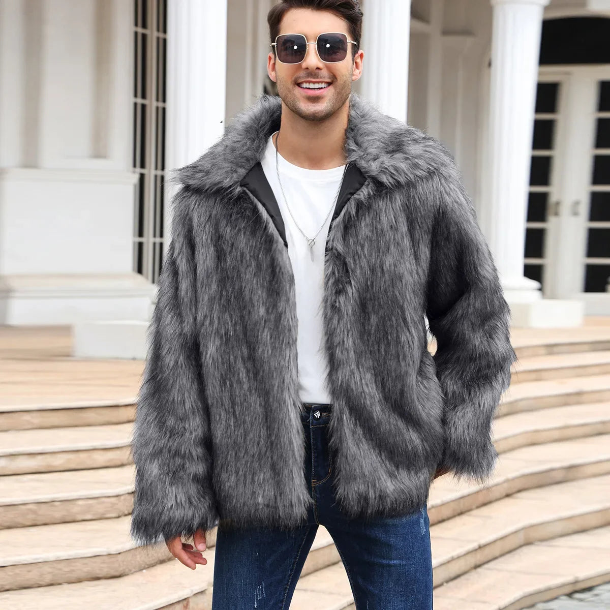 Men Faux Fox Fur Jacket Coat Winter Thick Fluffy Long Sleeve Lapel Warm Shaggy Outerwear Luxury Jacket Bontjas Jackets Mens