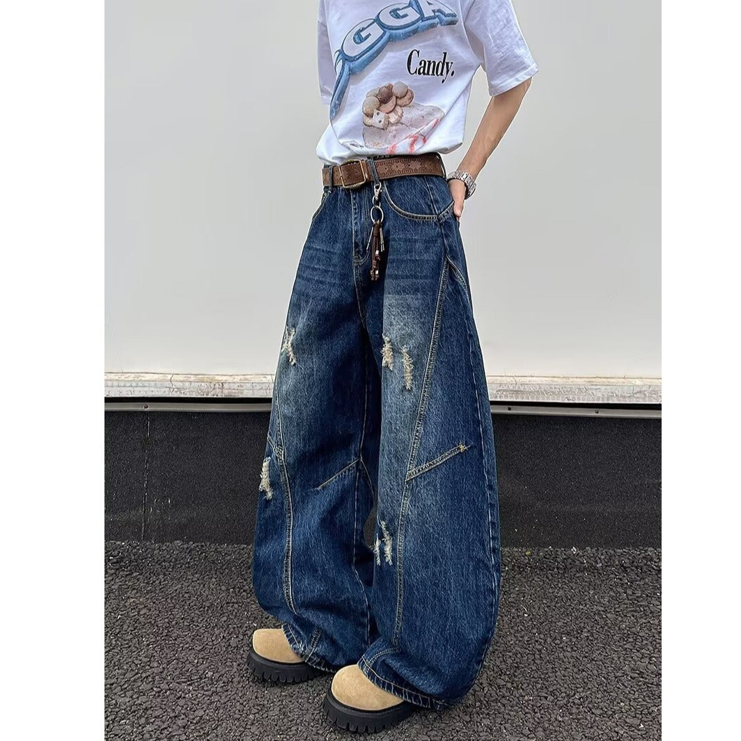 Deep blue wide leg ripped denim micro flared pants