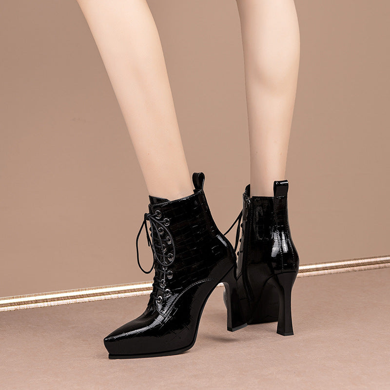 Genuine Leather Warm ANkle Boots High Heels Platform