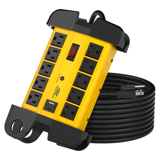 CRST Heavy Duty Power Strip with USB-C 10 Outlet Metal Surge Protector 2800J 15A Circuit Breaker Long Extension Cord Wall Mountable ETL Listed