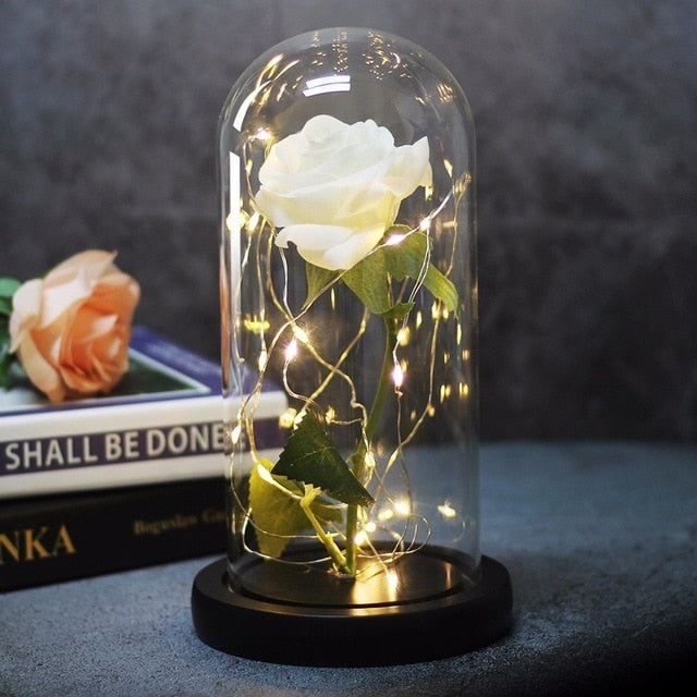 Rose In Flask Led Rose Flower Light Black Base Glass Dome