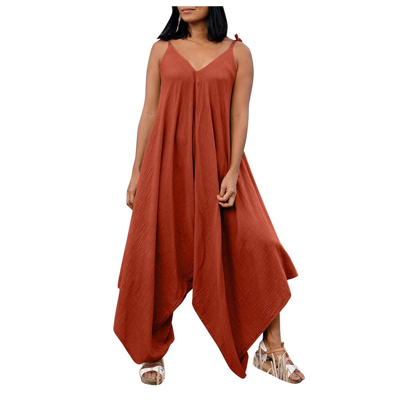 Solid color suspender backless V-neck sleeveless loose wide leg pants jumpsuit