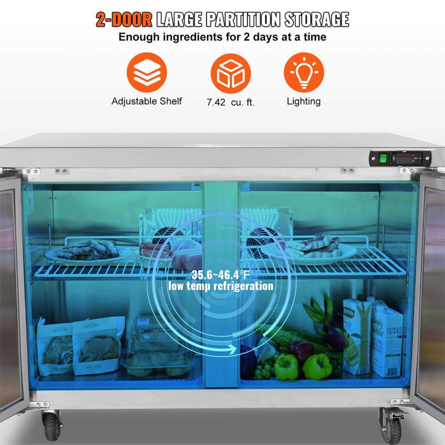 12.9 Cu.Ft 2-Door Commercial Stainless Steel Worktop Undercounter Refrigerator, 48" (SAK13725)