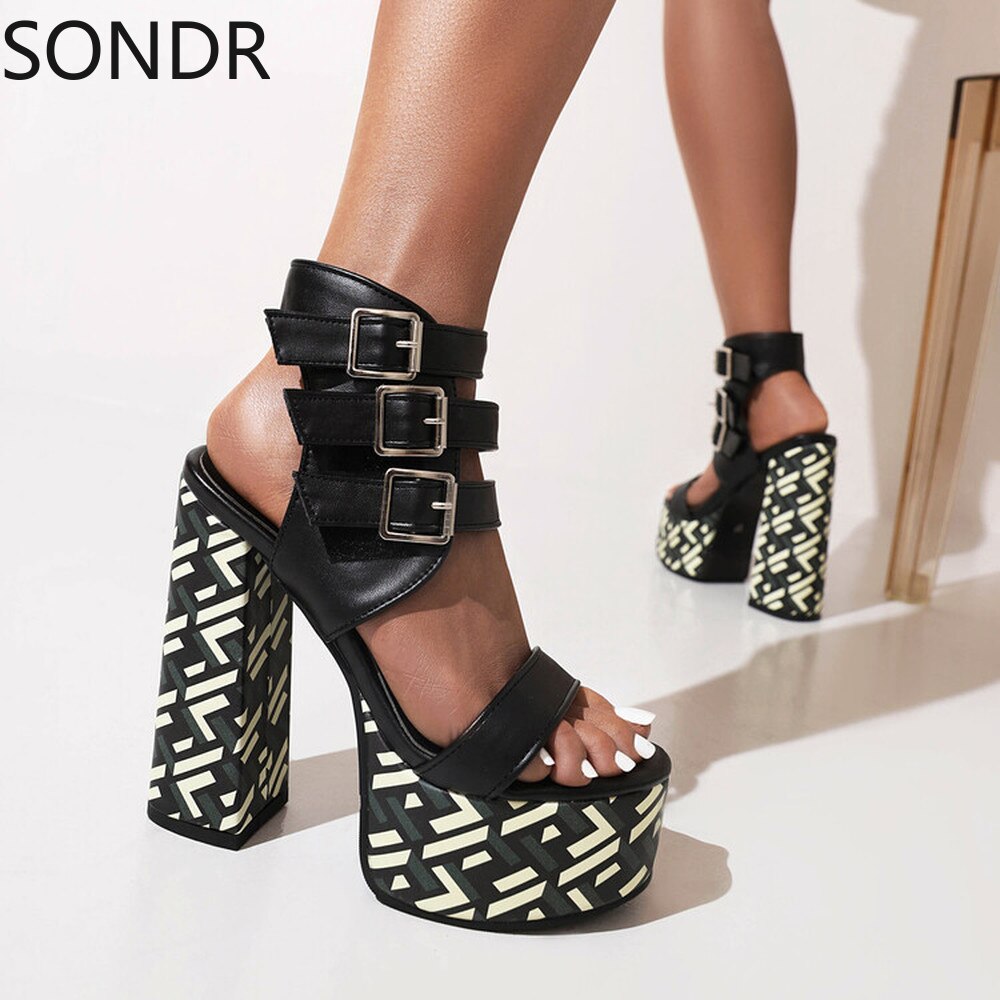 Platform Peep Toe Belt Buckle Sandals Cut Out Super 15CM High Heel Shoes