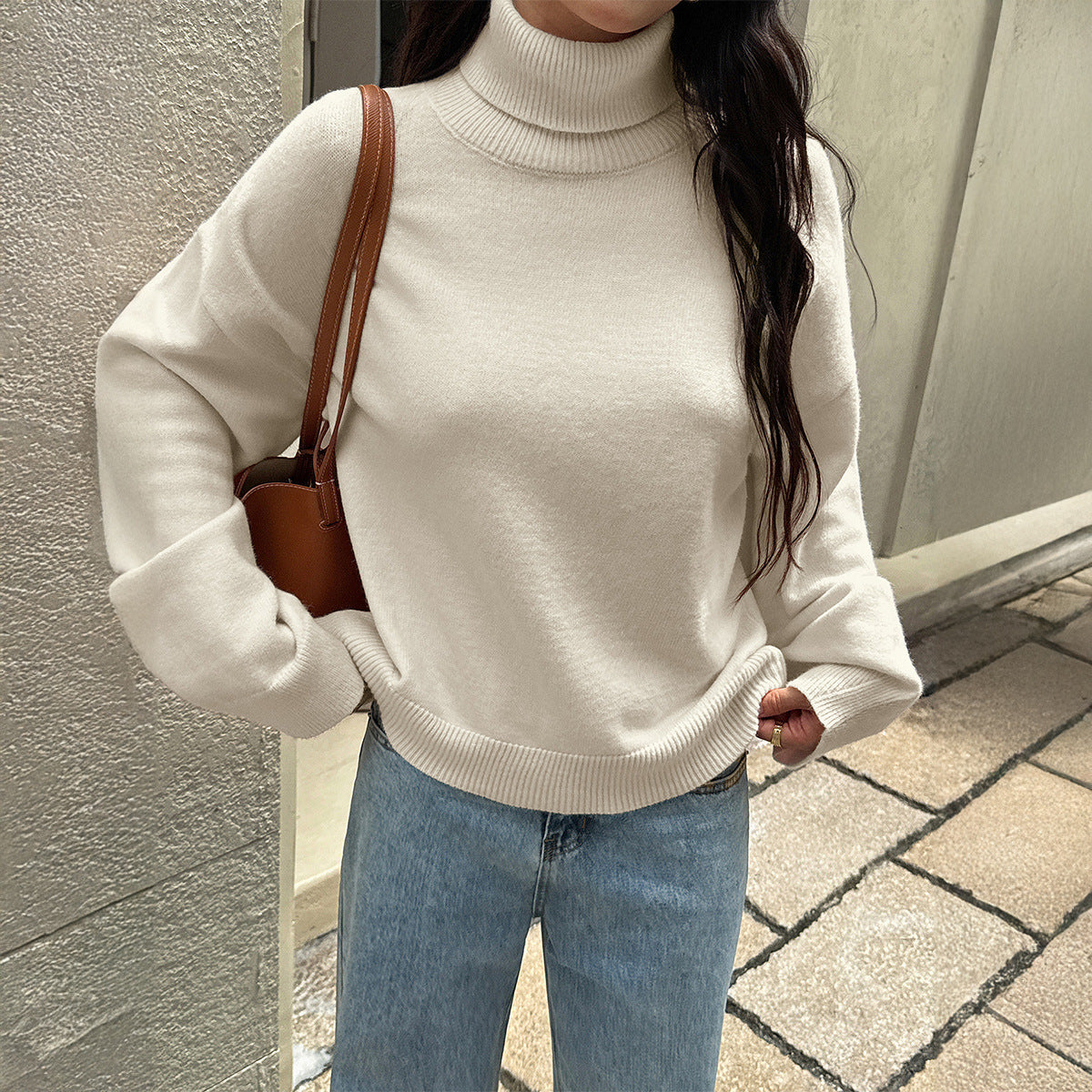 High necked woolen long sleeved sweater for women's clothing