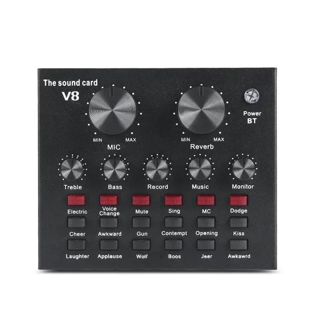 V8 Professional Sound Card Streaming Live Broadcast Podcast Recording Studio Equipment Voice Changer Audio Interface Sound Card kit