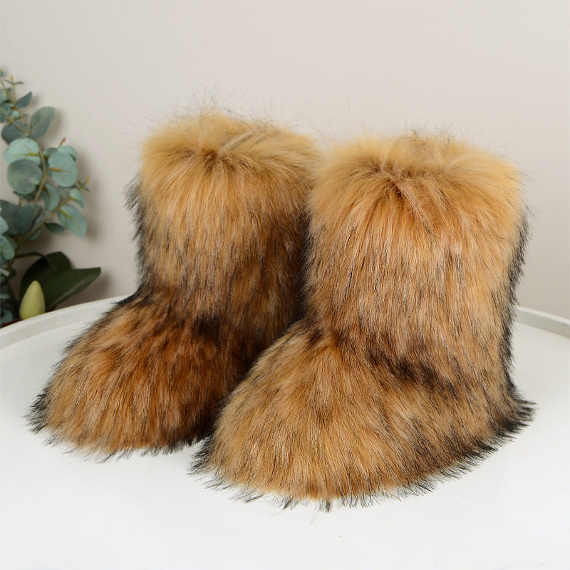Fuzzy Fluffy Fur Boots Plush lining Slip-on Rubber Flat Footwear
