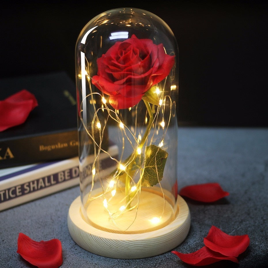 Rose In Flask Led Rose Flower Light Black Base Glass Dome