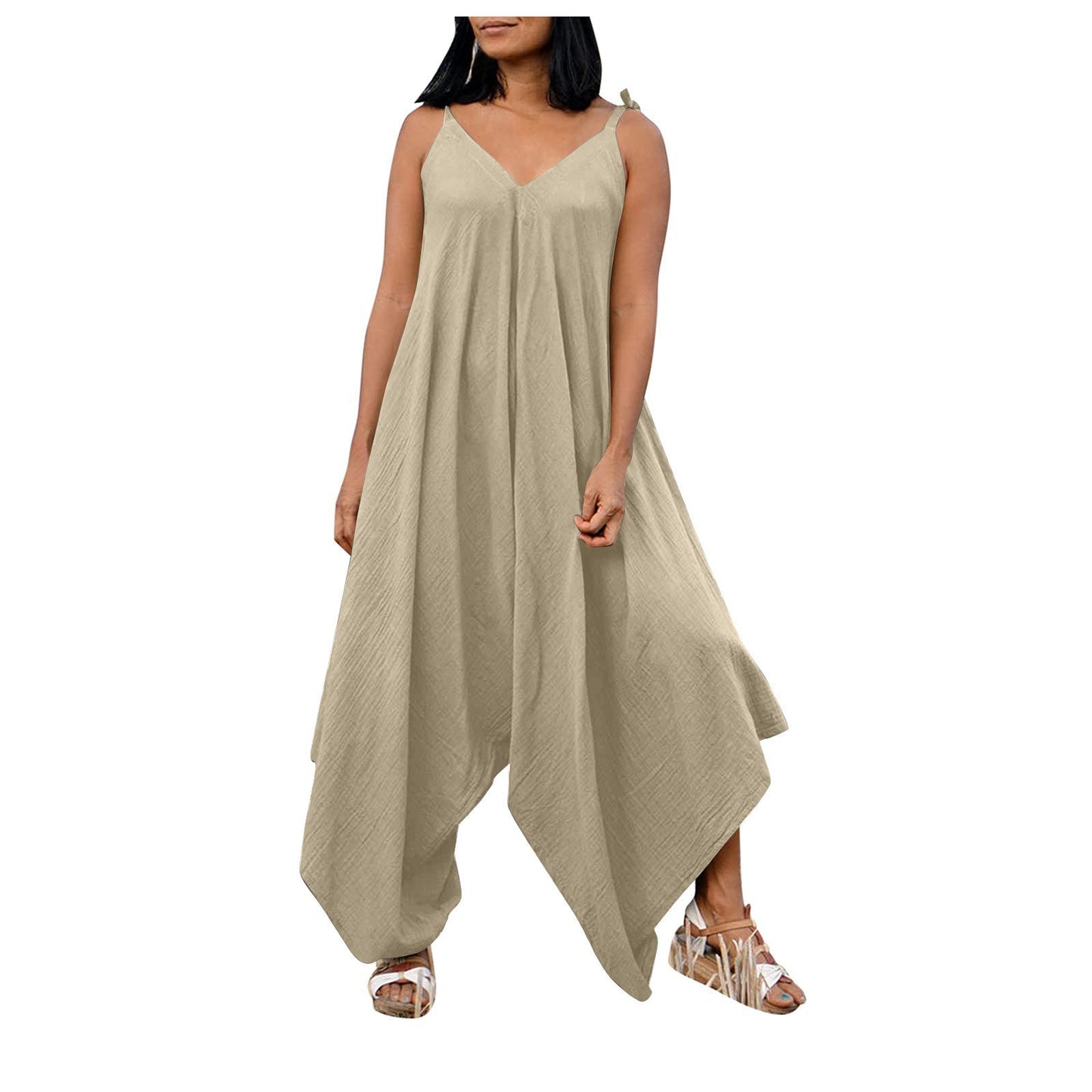Solid color suspender backless V-neck sleeveless loose wide leg pants jumpsuit