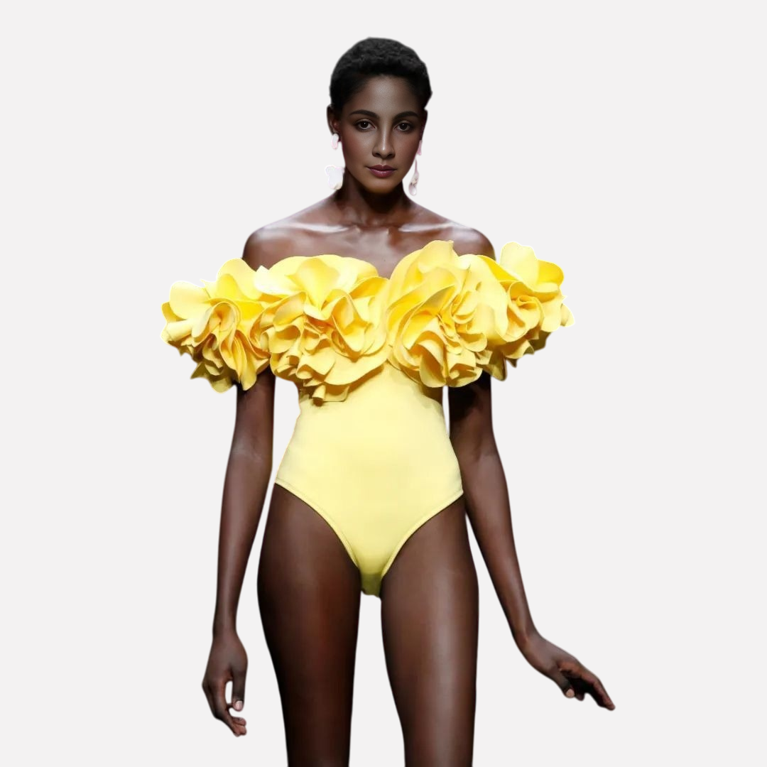 3D floral strapless solid color one piece swimsuit